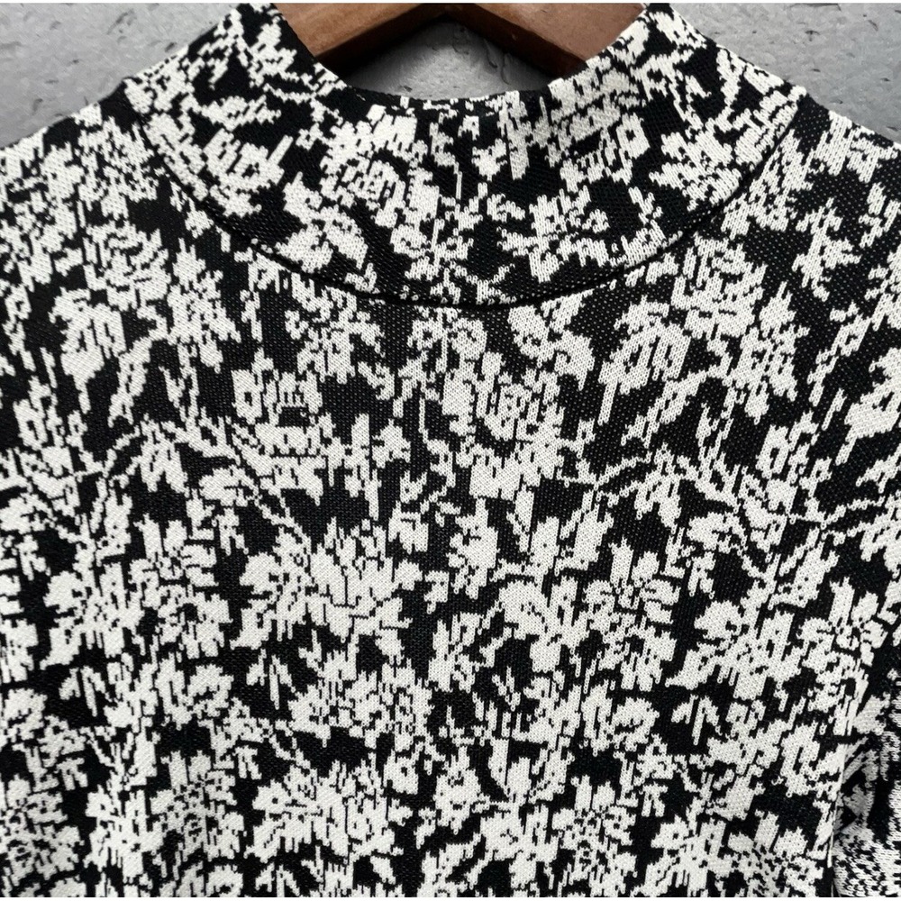 Michael Kors Sweater Dress M Black White Floral Flare Cuff Stretchy Feminine - Picture 2 of 9